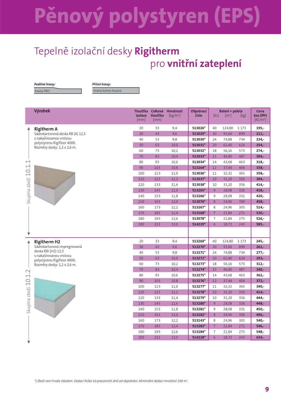 .1.1 Rigitherm ARB 20 33 9,4 513026* 40 124,80 1 173 195,- Sádrokartonová sádrokartonová deska RB (A) 12,5 30 43 9,6 513029* 30 93,60 899 211,- s nakašírovanou s vrstvou 40 53 9,8 513030* 24 74,88