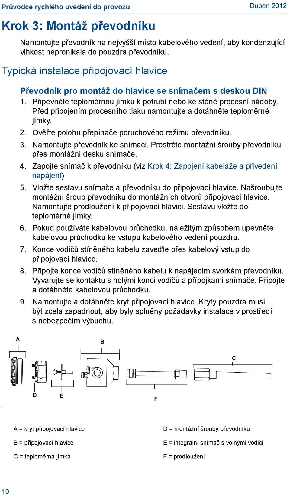 Před připojením procesního tlaku namontujte a dotáhněte teploměrné jímky. 2. Ověřte polohu přepínače poruchového režimu převodníku. 3. Namontujte převodník ke snímači.