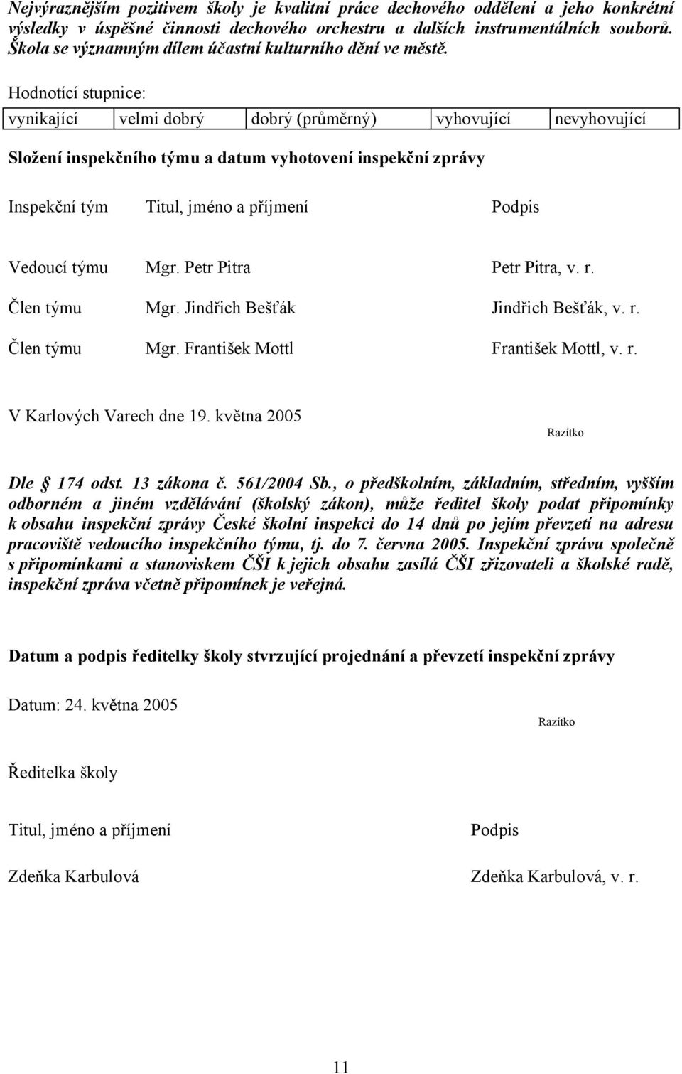 Hodnotící stupnice: vynikající velmi dobrý dobrý (průměrný) vyhovující nevyhovující Složení inspekčního týmu a datum vyhotovení inspekční zprávy Inspekční tým Titul, jméno a příjmení Podpis Vedoucí