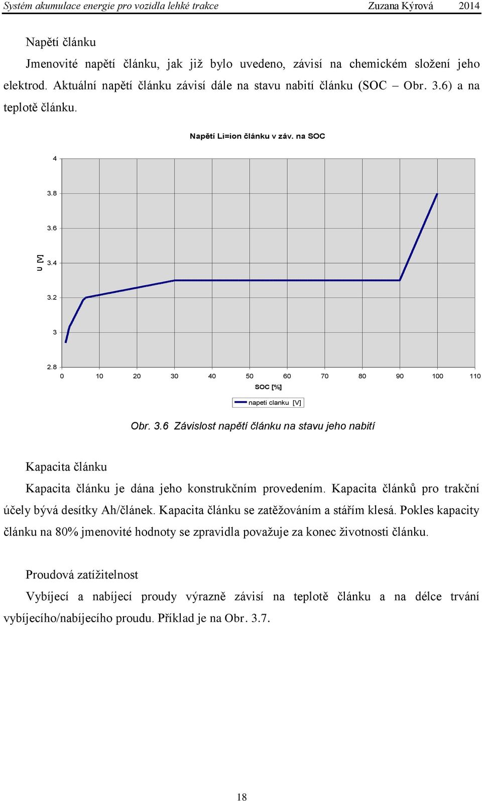 8 0 10 20 30 40 50 60 70 80 90 100 110 SOC [%] napeti clanku [V] Obr. 3.6 Závislost napětí článku na stavu jeho nabití Kapacita článku Kapacita článku je dána jeho konstrukčním provedením.