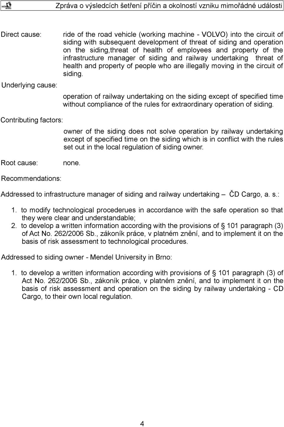 Underlying cause: operation of railway undertaking on the siding except of specified time without compliance of the rules for extraordinary operation of siding.