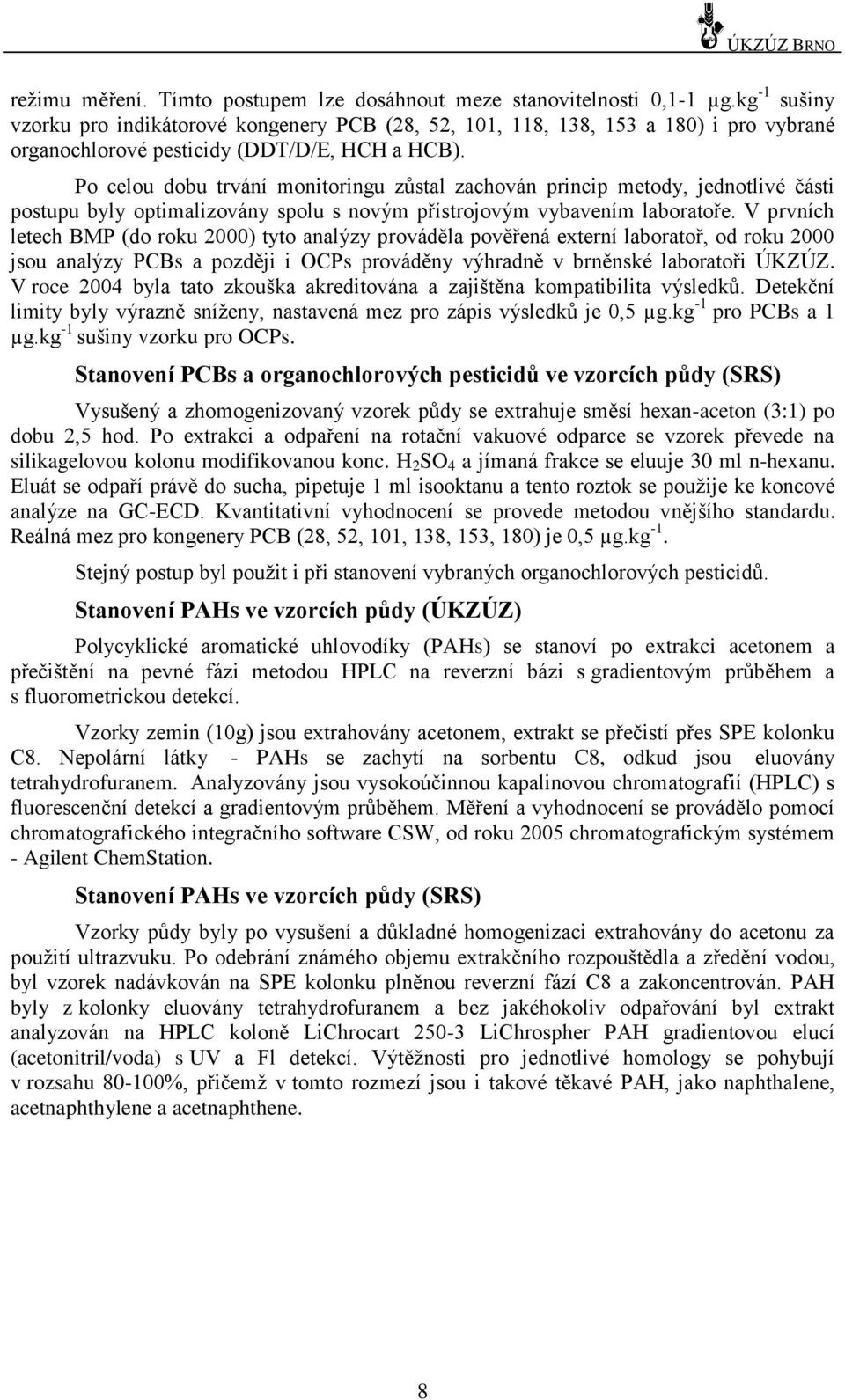 Po celou dobu trvání monitoringu zůstal zachován princip metody, jednotlivé části postupu byly optimalizovány spolu s novým přístrojovým vybavením laboratoře.