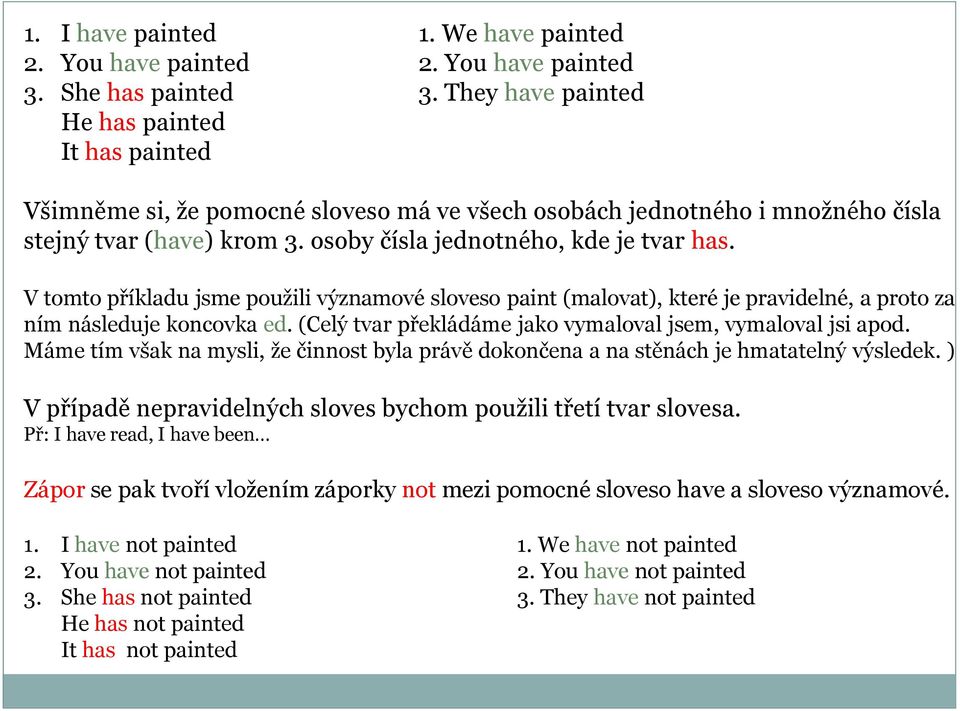 V tomto příkladu jsme použili významové sloveso paint (malovat), které je pravidelné, a proto za ním následuje koncovka ed. (Celý tvar překládáme jako vymaloval jsem, vymaloval jsi apod.