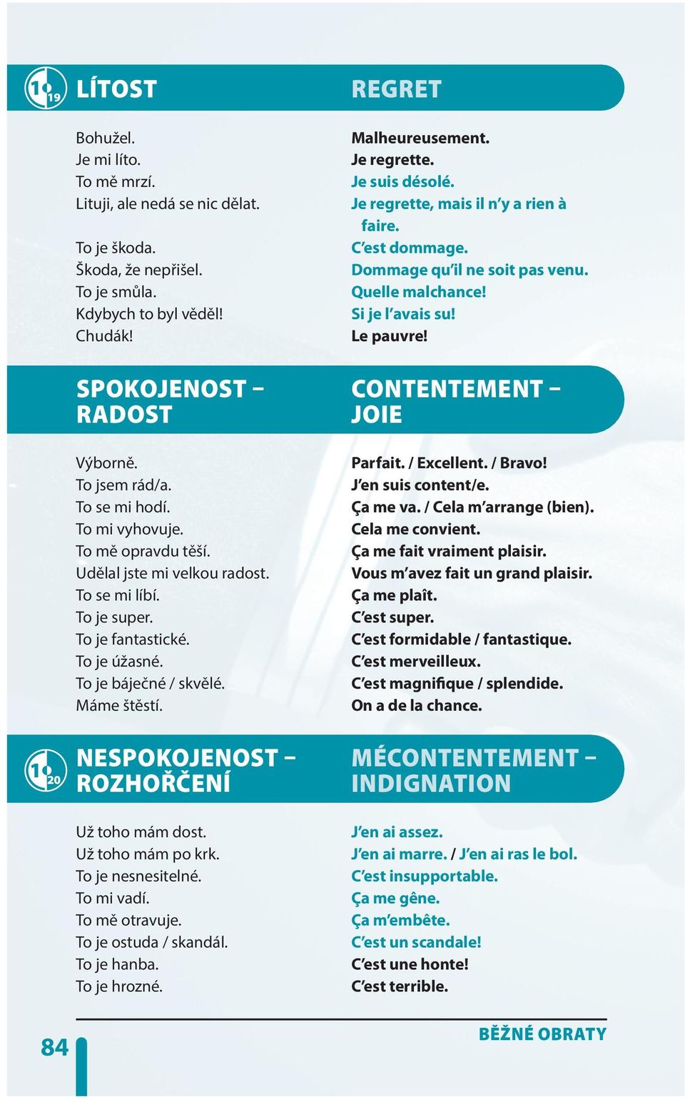 NESPOKOJENOST ROZHOŘČENÍ Už toho mám dost. Už toho mám po krk. To je nesnesitelné. To mi vadí. To mě otravuje. To je ostuda / skandál. To je hanba. To je hrozné. REGRET Malheureusement. Je regrette.