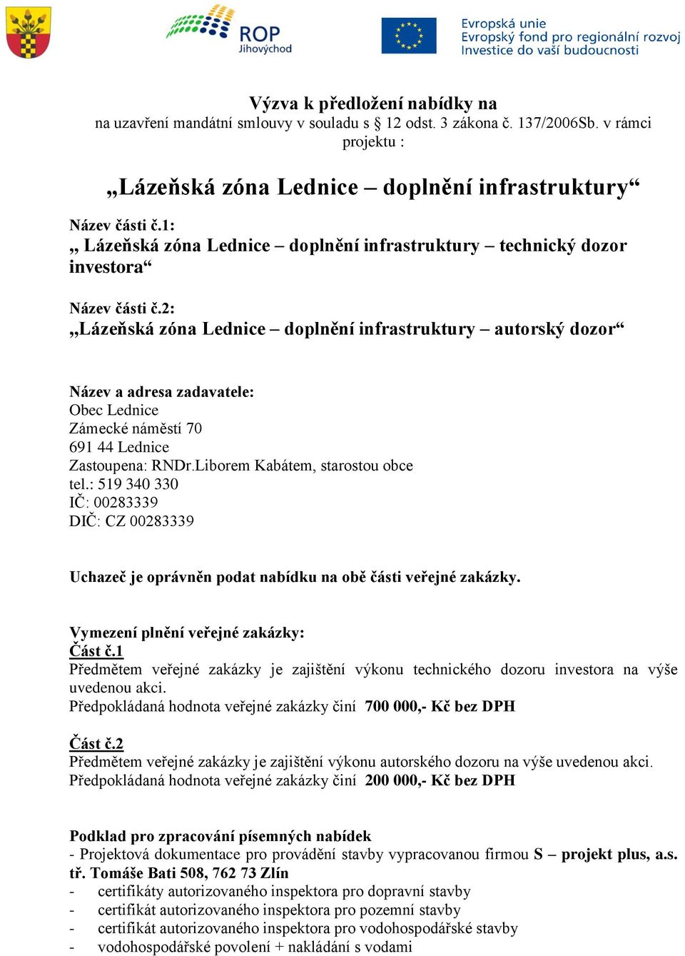 2:,,lázeňská zóna Lednice doplnění infrastruktury autorský dozor Název a adresa zadavatele: Obec Lednice Zámecké náměstí 70 691 44 Lednice Zastoupena: RNDr.Liborem Kabátem, starostou obce tel.