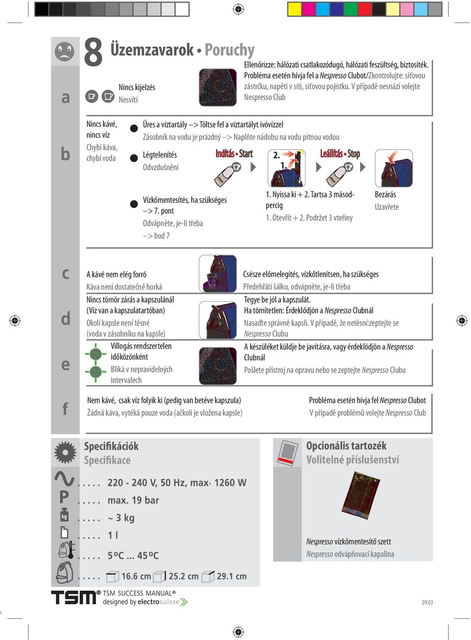 V případě nesnází volejte Nespresso Club Nincs kávé, nincs víz Chybí káva, chybí voda Üres a víztartály > Töltse fel a víztartályt ivóvízzel Zásobník na vodu je prázdný > Naplňte nádobu na vodu