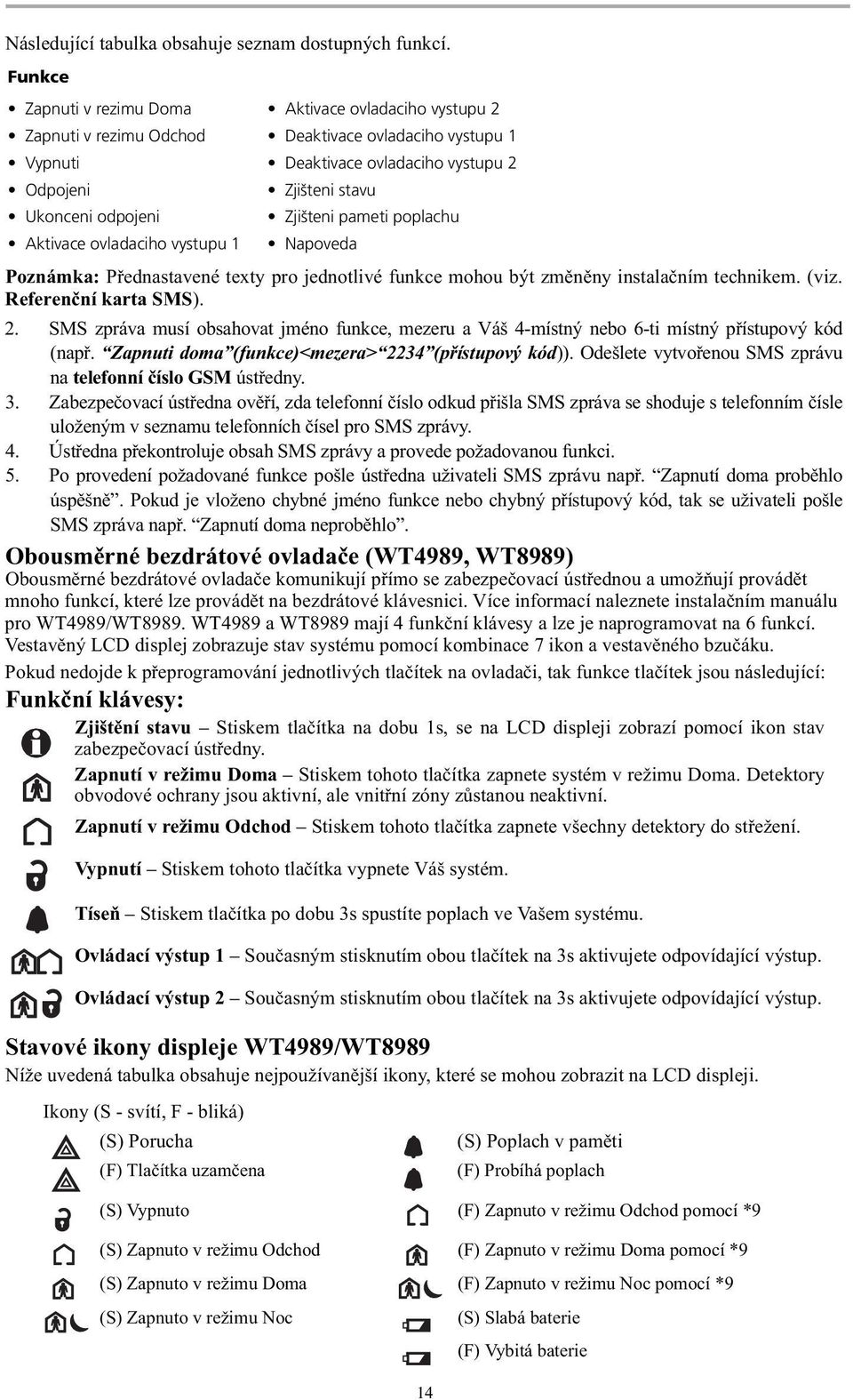 Zjišteni pameti poplachu Aktivace ovladaciho vystupu 1 Napoveda Poznámka: P ednastavené texty pro jednotlivé funkce mohou být zm n ny instala ním technikem. (viz. Referen ní karta SMS). 2.