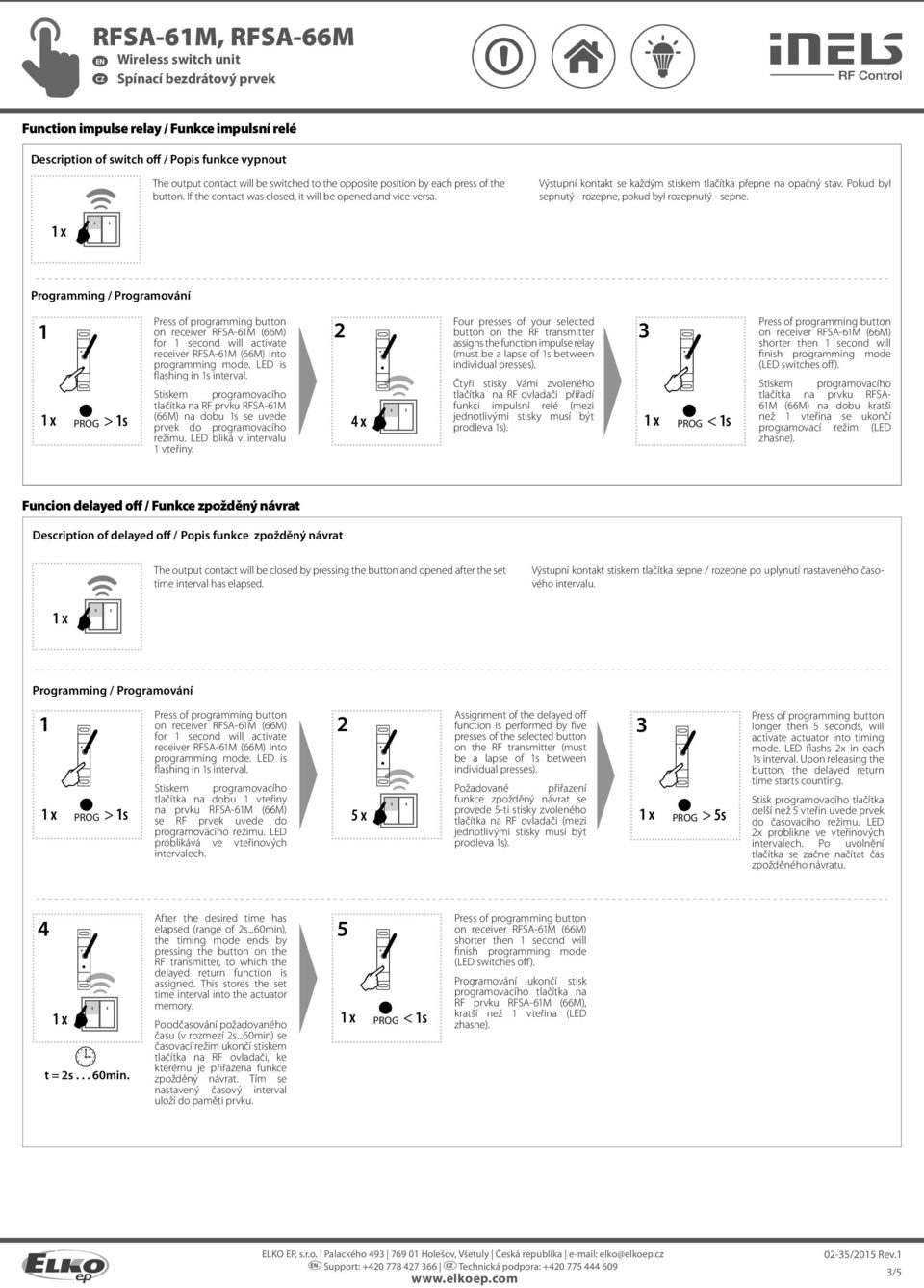 1 tlačítka na RF prvku Four 4 x assigns the function impulse relay Čtyři stisky Vámi zvoleného tlačítka na RF ovladači přiřadí funkci impulsní relé (mezi Funcion delayed off / Funkce zpožděný návrat