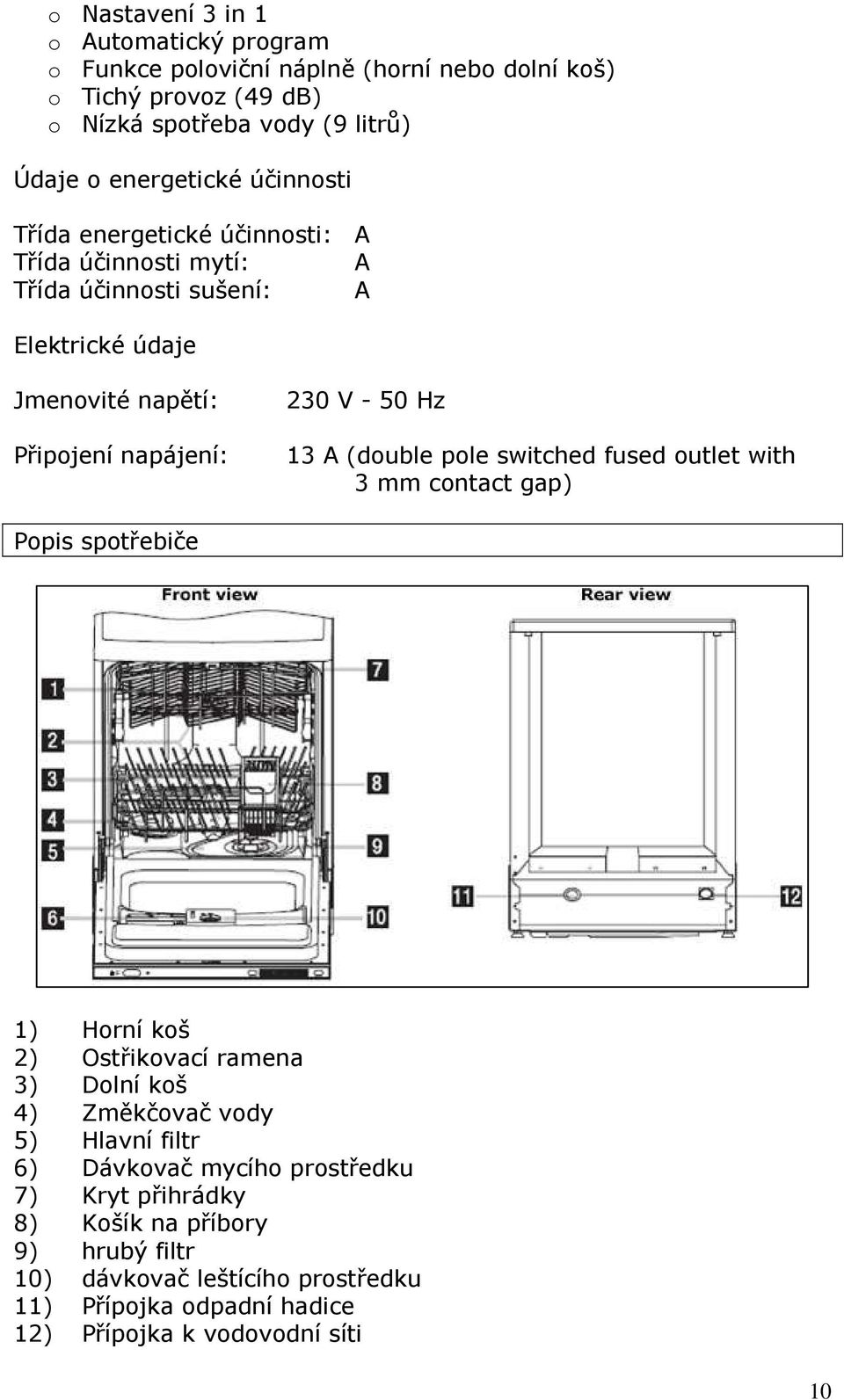 (double pole switched fused outlet with 3 mm contact gap) Popis spotřebiče 1) Horní koš 2) Ostřikovací ramena 3) Dolní koš 4) Změkčovač vody 5) Hlavní filtr 6)