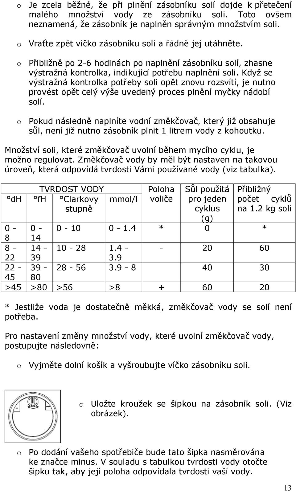 Když se výstražná kontrolka potřeby soli opět znovu rozsvítí, je nutno provést opět celý výše uvedený proces plnění myčky nádobí solí.