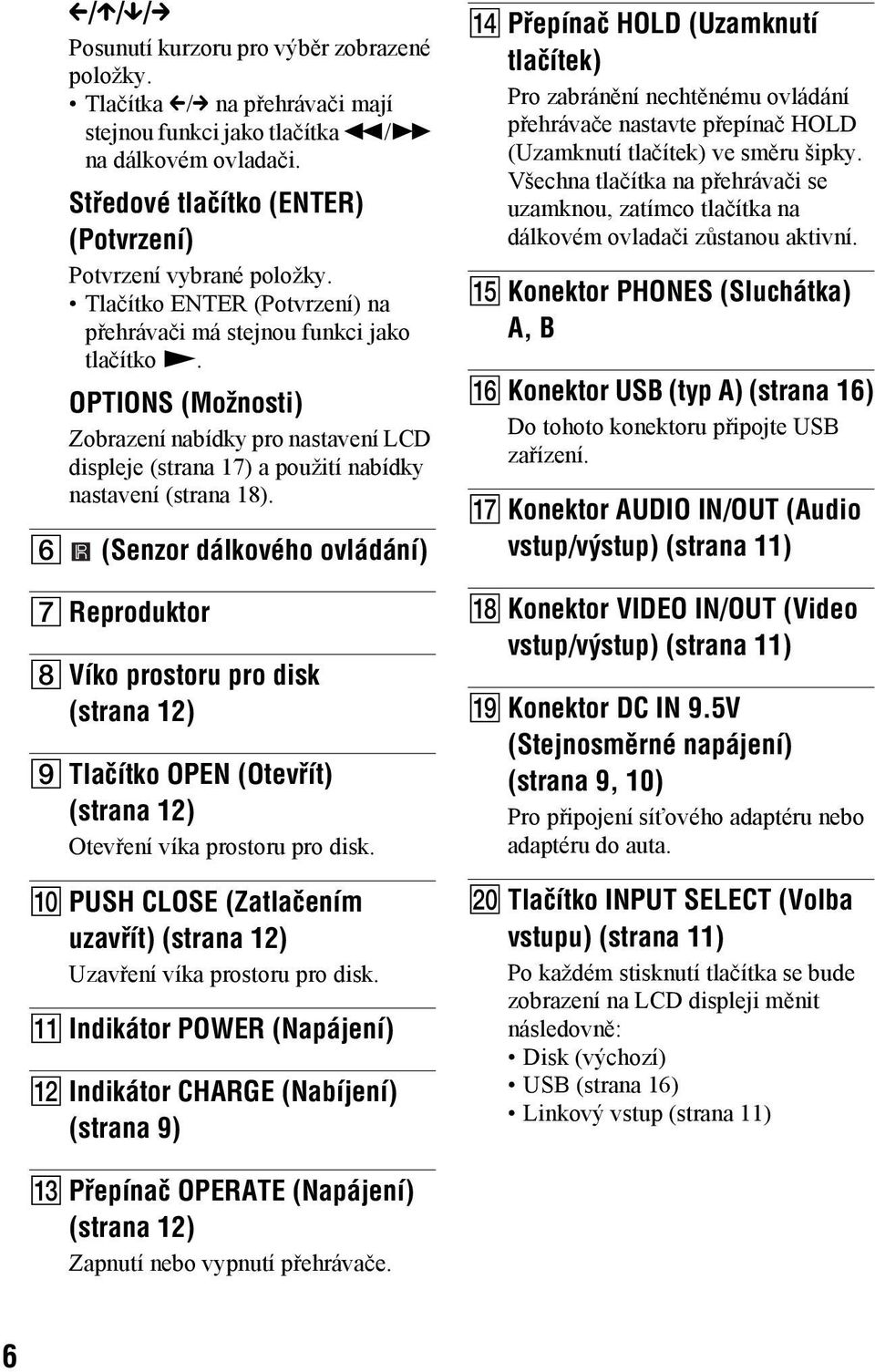 OPTIONS (Možnosti) Zobrazení nabídky pro nastavení LCD displeje (strana 17) a použití nabídky nastavení (strana 18).