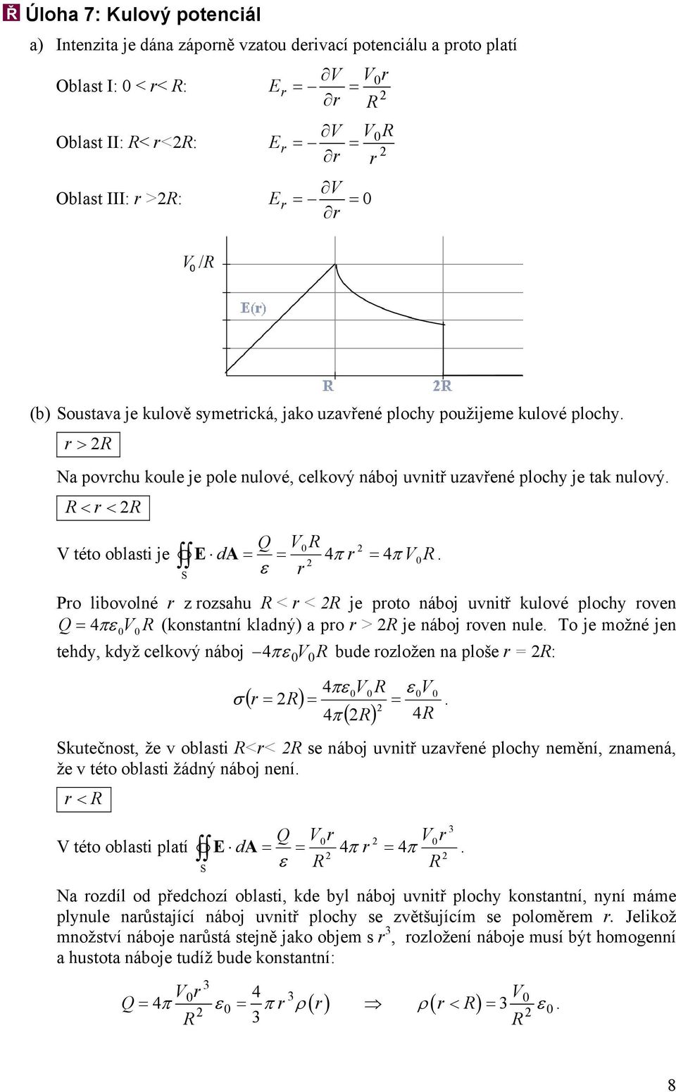 libovolné r z rozsahu < r < j proto náboj uvnitř kulové plochy rovn Q = V (konstantní kladný) a pro r > j náboj rovn nul To j možné jn thdy, když clkový náboj V bud rozložn na ploš r = : V ε V σ ( r