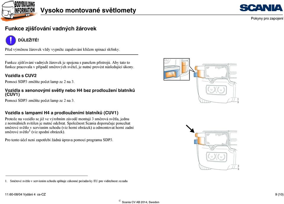 Vozidla s xenonovými světly nebo H4 bez prodloužení blatníků (CUV1) Pomocí SDP3 změňte počet lamp ze 2 na 3.