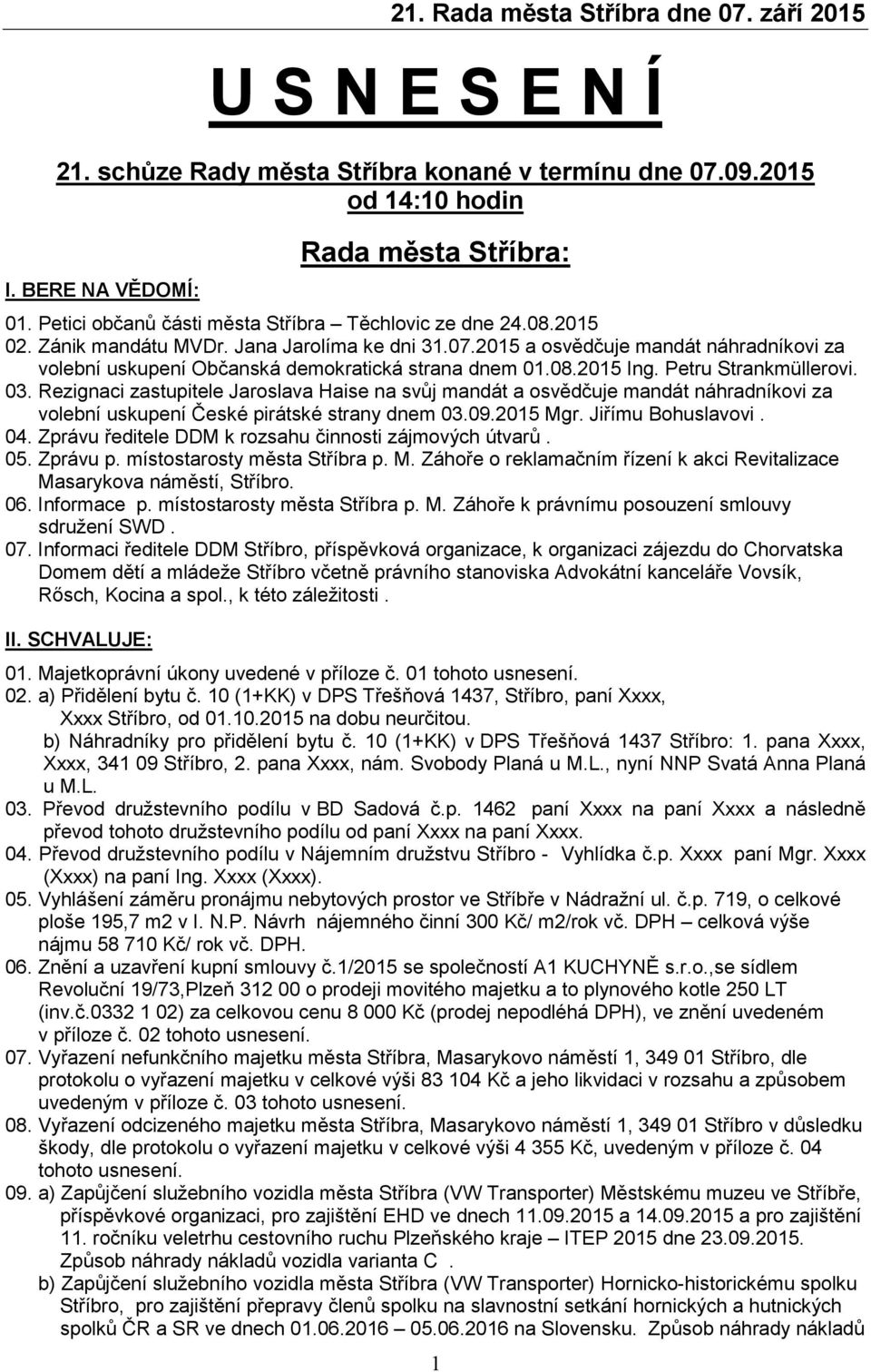 Rezignaci zastupitele Jaroslava Haise na svůj mandát a osvědčuje mandát náhradníkovi za volební uskupení České pirátské strany dnem 03.09.2015 Mgr. Jiřímu Bohuslavovi. 04.