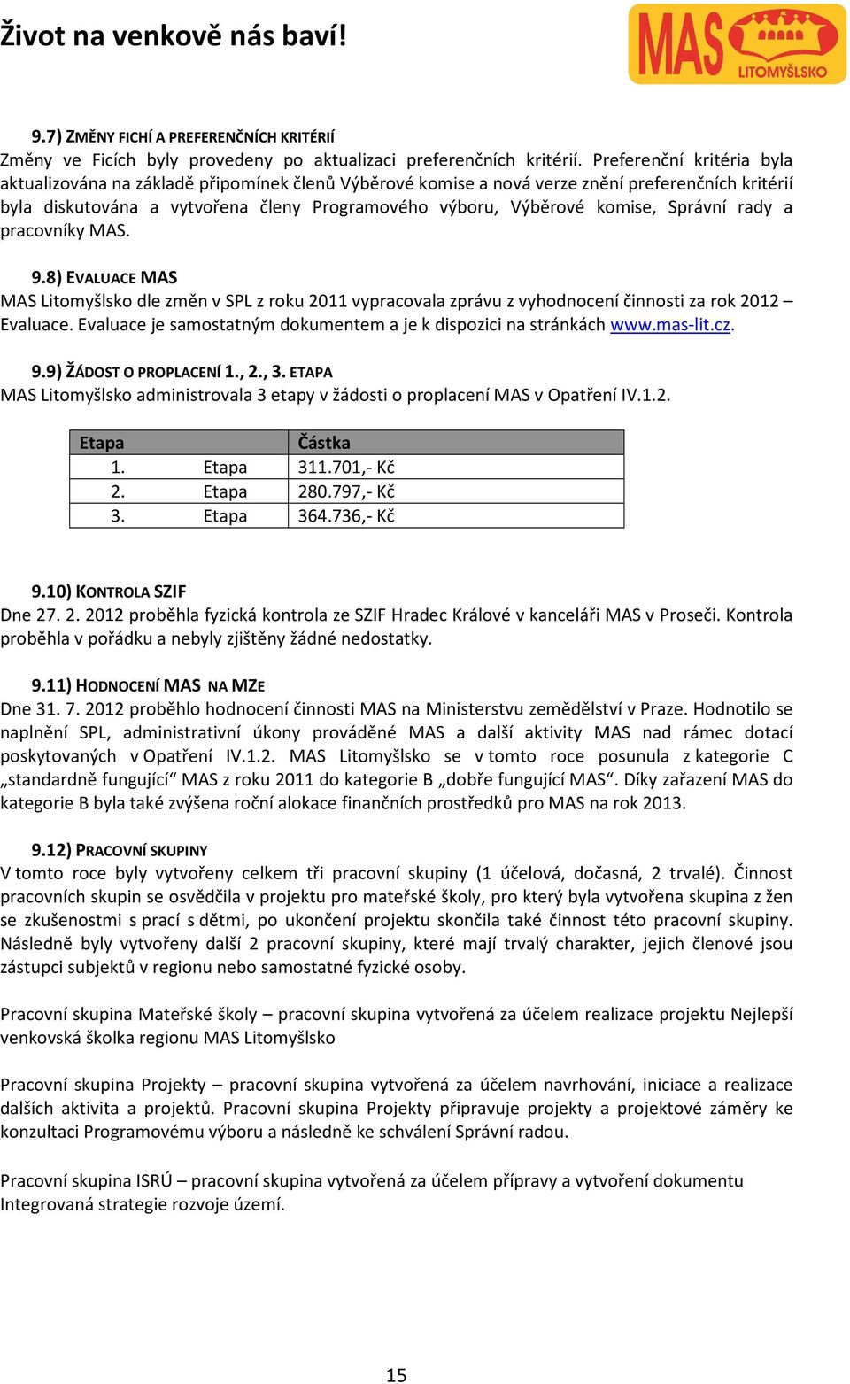 Správní rady a pracovníky MAS. 9.8) EVALUACE MAS MAS Litomyšlsko dle změn v SPL z roku 2011 vypracovala zprávu z vyhodnocení činnosti za rok 2012 Evaluace.