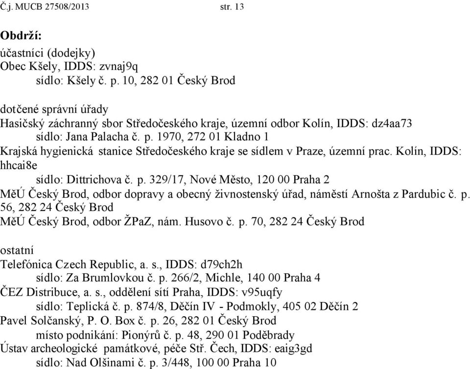 1970, 272 01 Kladno 1 Krajská hygienická stanice Středočeského kraje se sídlem v Praze, územní pr