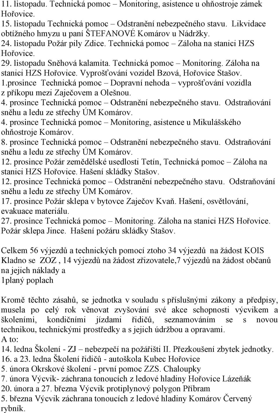 Technická pomoc Monitoring. Záloha na stanici HZS Hořovice. Vyprošťování vozidel Bzová, Hořovice Stašov. 1.