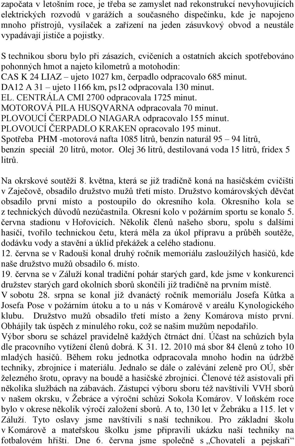 S technikou sboru bylo při zásazích, cvičeních a ostatních akcích spotřebováno pohonných hmot a najeto kilometrů a motohodin: CAS K 24 LIAZ ujeto 1027 km, čerpadlo odpracovalo 685 minut.