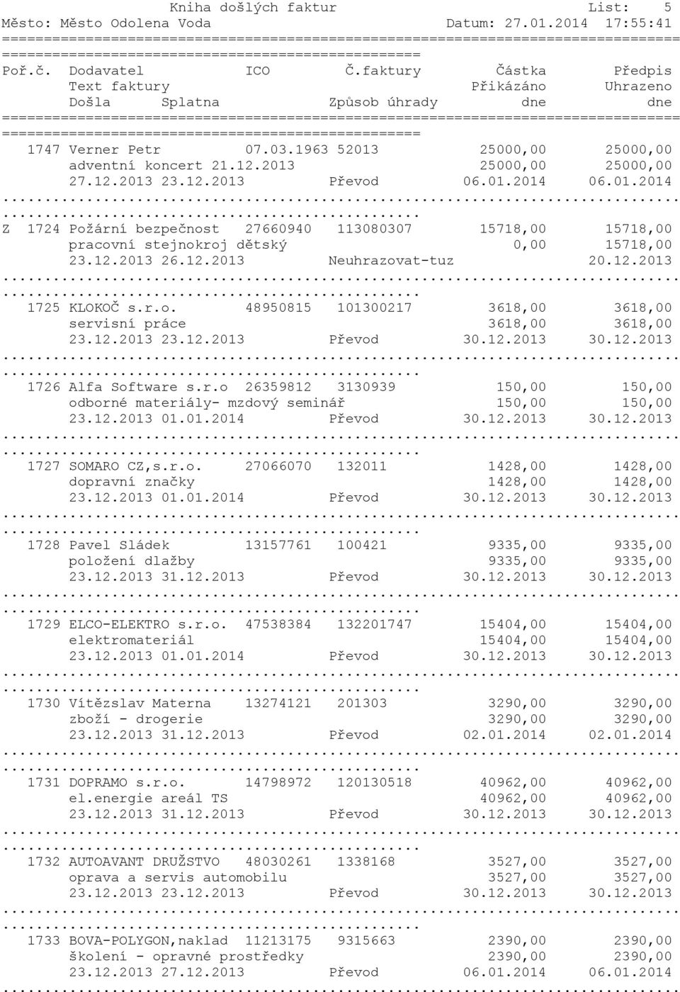 12.2013 26.12.2013 Neuhrazovat-tuz 20.12.2013 1725 KLOKOČ s.r.o. 48950815 101300217 3618,00 3618,00 servisní práce 3618,00 3618,00 23.12.2013 23.12.2013 Převod 30.12.2013 30.12.2013 1726 Alfa Software s.