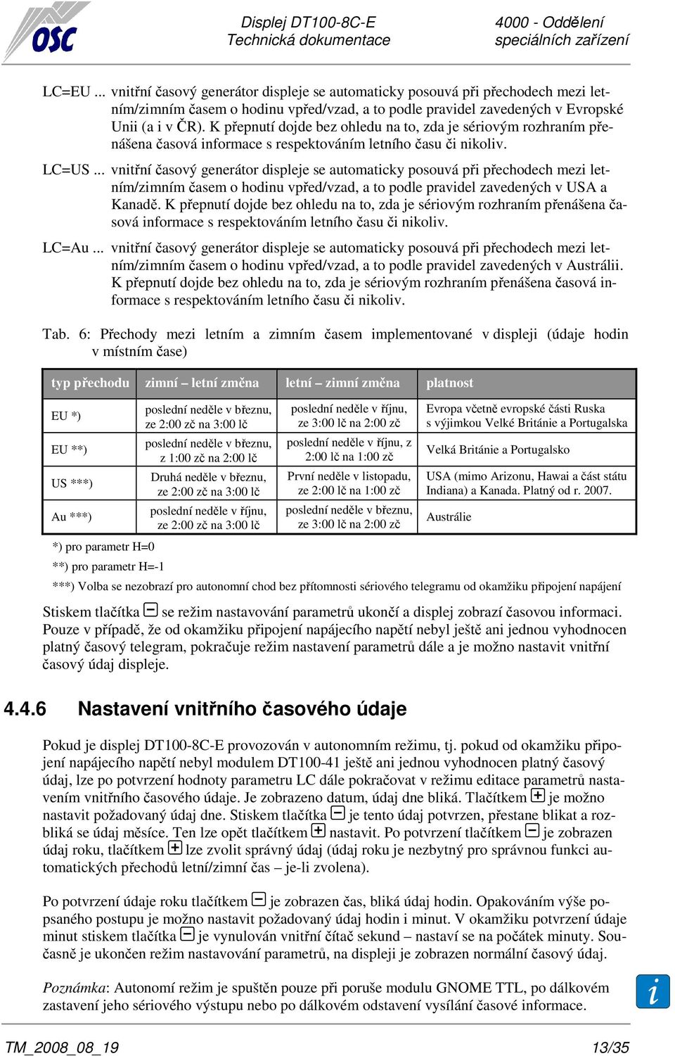 .. vnitřní časový generátor displeje se automaticky posouvá při přechodech mezi letním/zimním časem o hodinu vpřed/vzad, a to podle pravidel zavedených v USA a Kanadě.