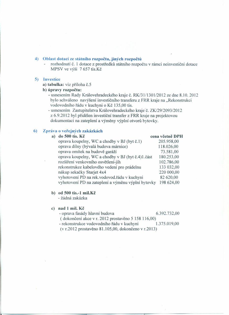 2012 bylo schváleno navýšení investičního transferu z FRR kraje na "Rekonstrukci vodovodního řádu v kuchyni o Kč 135,00 tis. - usnesením Zastupitelstva Královehradeckého kraječ. ZK/291