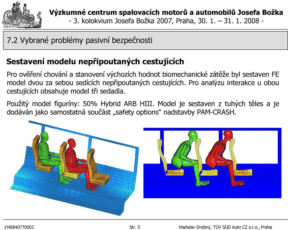 Pro analýzu interakce u obou cestujících obsahuje model tři sedadla. Použitý model figuríny: 5% Hybrid ARB HIII.