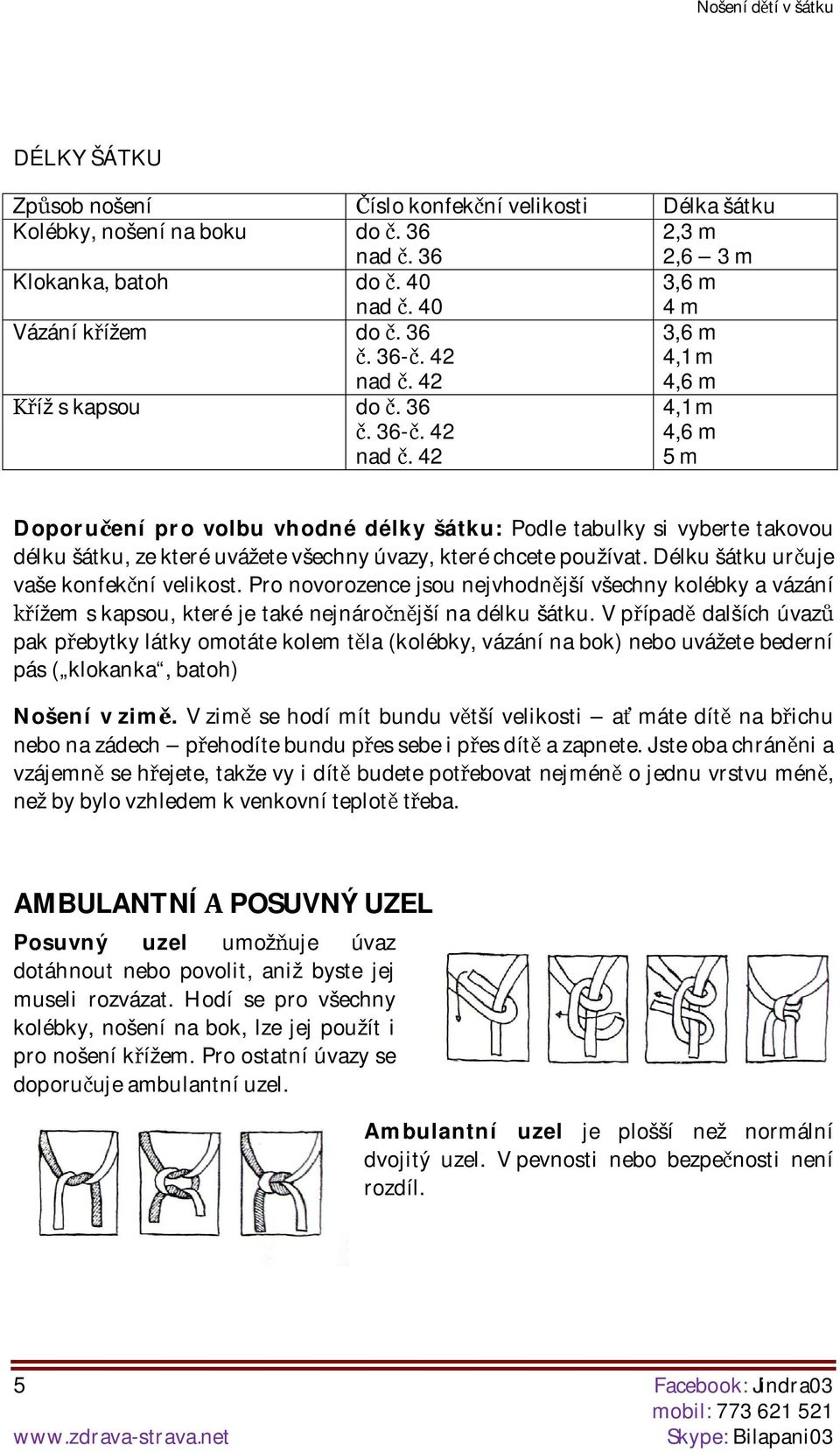 42 4,1 m 4,6 m 5 m Doporuení pro volbu vhodné délky šátku: Podle tabulky si vyberte takovou délku šátku, ze které uvážete všechny úvazy, které chcete používat.