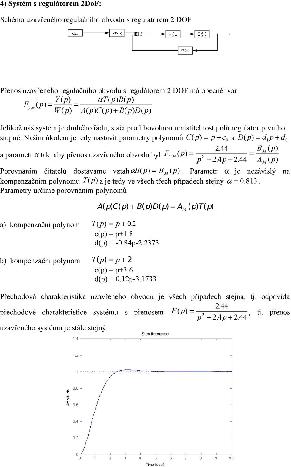 Naším úkolem je tedy nastavit parametry polynomů C( p) p c 0 a D( p) d p d. 44 B M ( p) a parametr tak, aby přenos uzavřeného obvodu byl Fy, w ( p). p. 4 p.