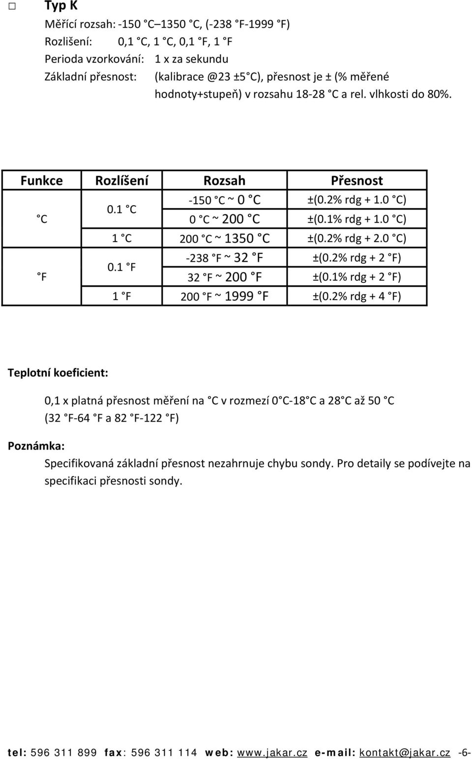 0 C) 238 F ~ 32 F ±(0.2% rdg + 2 F) 0.1 F F 32 F ~ 200 F ±(0.1% rdg + 2 F) 1 F 200 F ~ 1999 F ±(0.