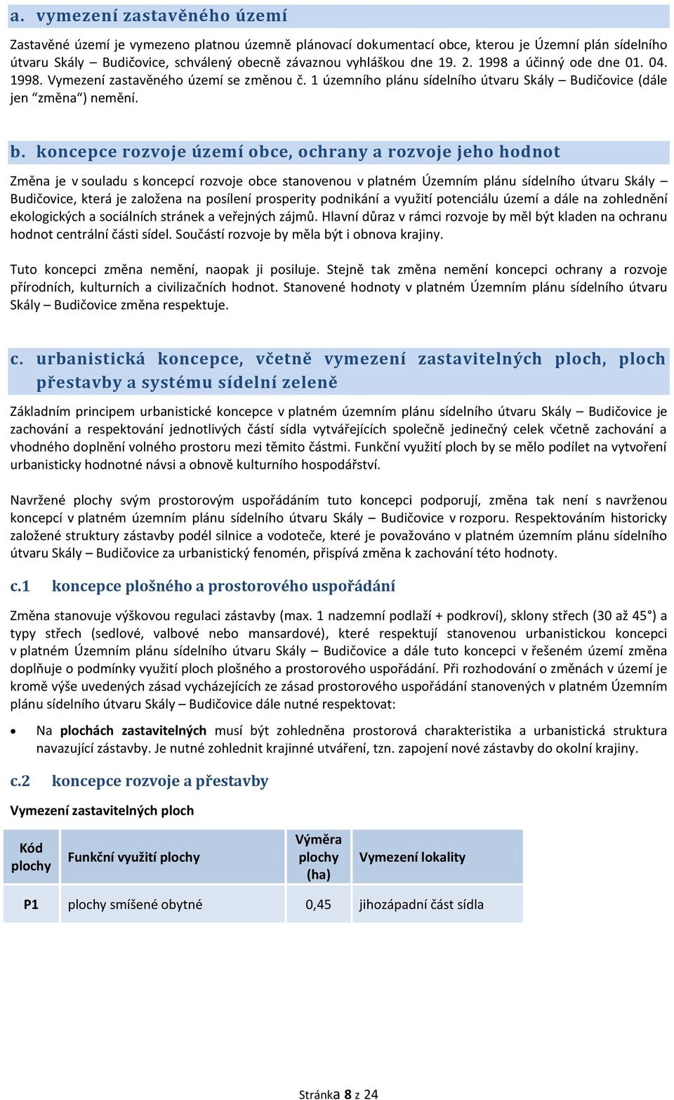 koncepce rozvoje území obce, ochrany a rozvoje jeho hodnot Změna je v souladu s koncepcí rozvoje obce stanovenou v platném Územním plánu sídelního útvaru Skály Budičovice, která je založena na