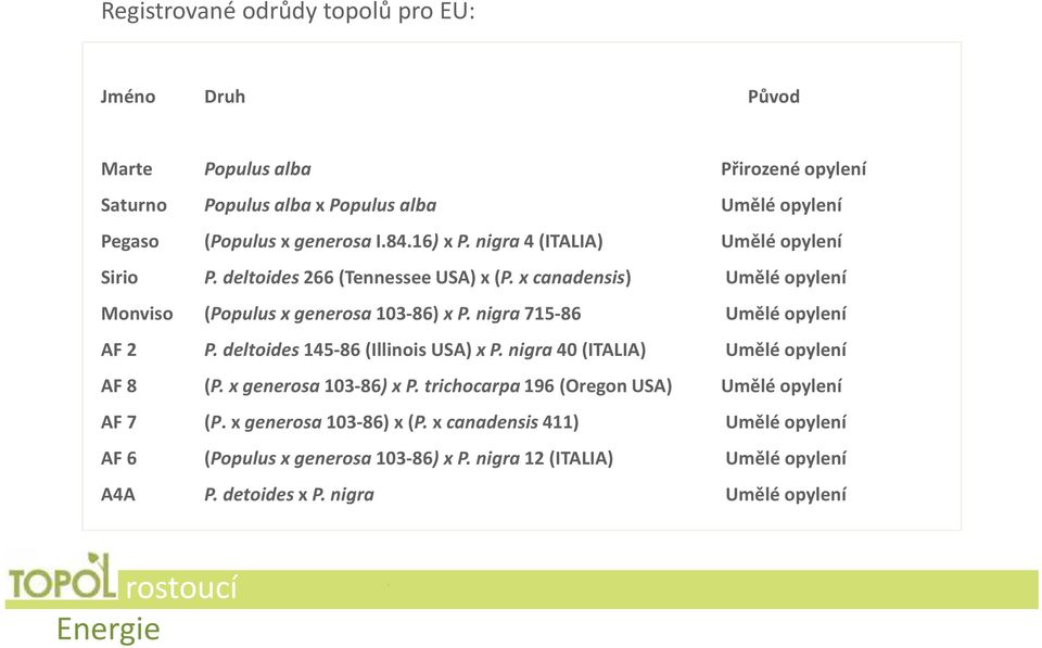 nigra 715-86 Umělé opylení AF 2 P. deltoides 145-86 (Illinois USA) x P. nigra 40 (ITALIA) Umělé opylení AF 8 (P. x generosa 103-86) x P.