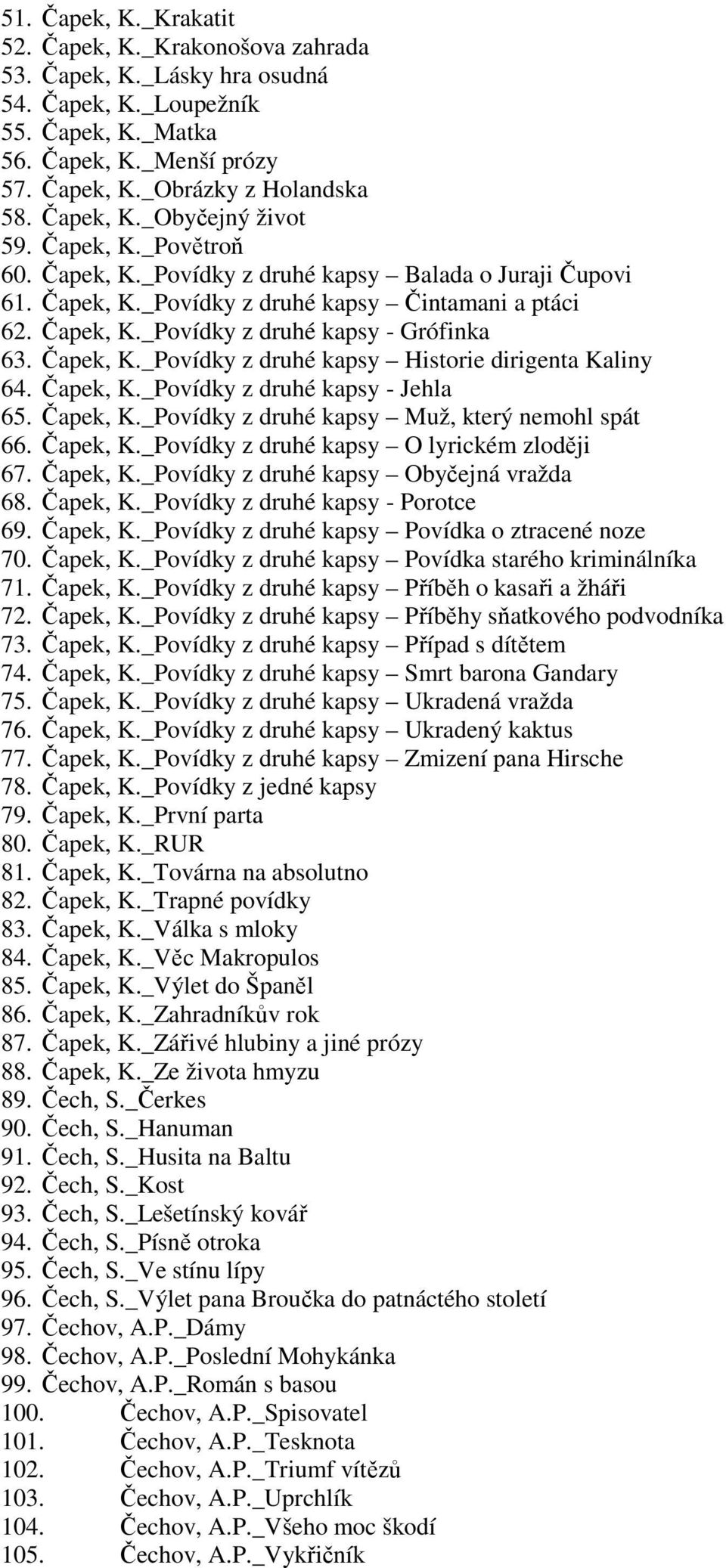 Čapek, K._Povídky z druhé kapsy Historie dirigenta Kaliny 64. Čapek, K._Povídky z druhé kapsy - Jehla 65. Čapek, K._Povídky z druhé kapsy Muž, který nemohl spát 66. Čapek, K._Povídky z druhé kapsy O lyrickém zloději 67.