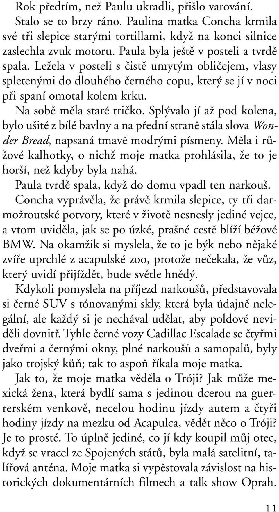 Na sobû mûla staré triãko. Spl valo jí aï pod kolena, bylo u ité z bílé bavlny a na pfiední stranû stála slova Wonder Bread, napsaná tmavû modr mi písmeny.