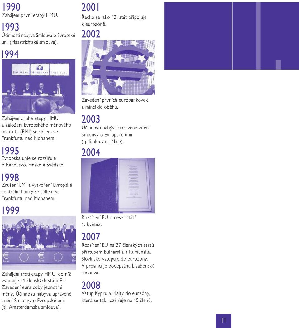 1998 Zrušení EMI a vytvoření Evropské centrální banky se sídlem ve Frankfurtu nad Mohanem. 1999 Zahájení třetí etapy HMU, do níž vstupuje 11 členských států EU. Zavedení eura coby jednotné měny.