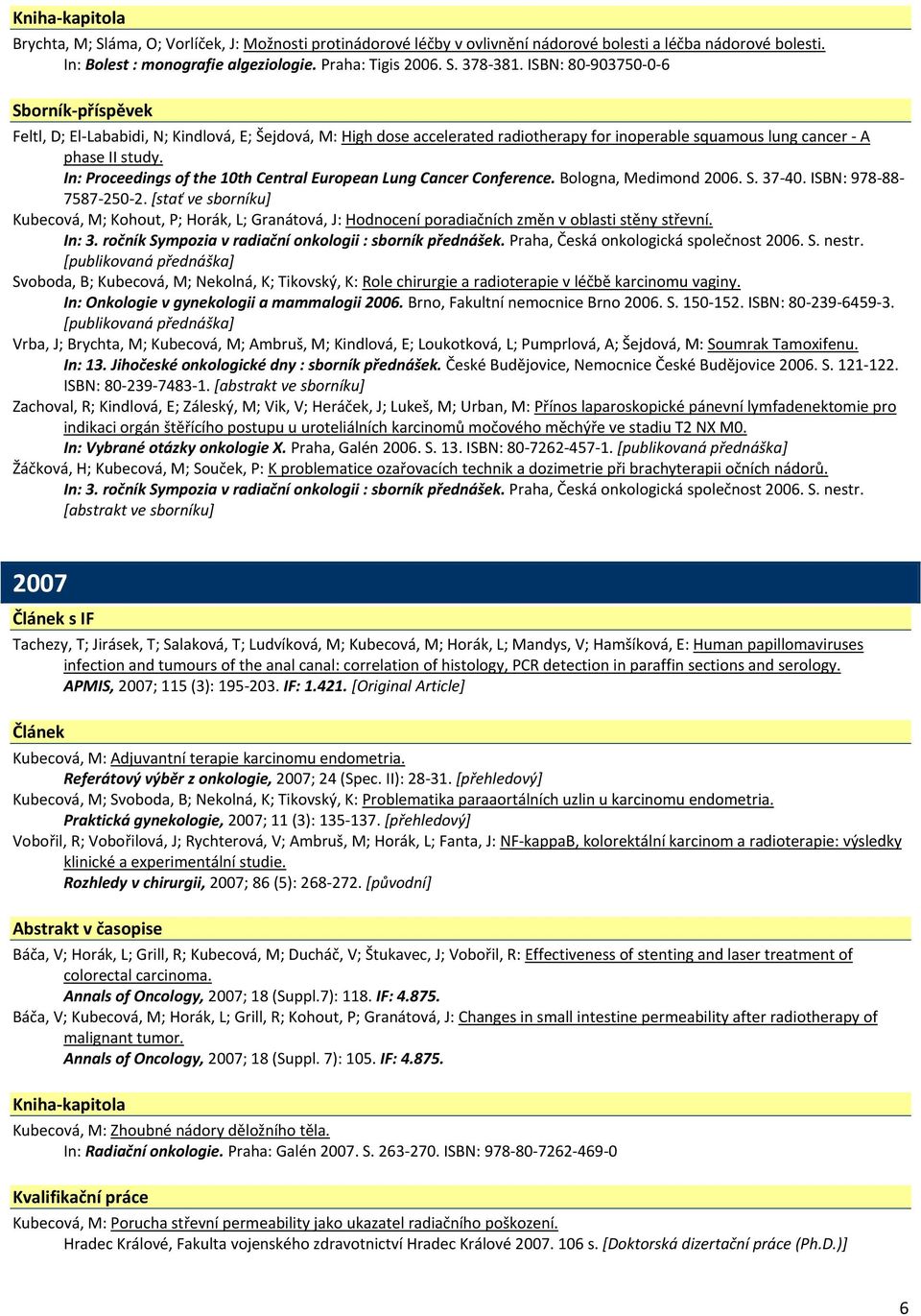 In: Proceedings of the 10th Central European Lung Cancer Conference. Bologna, Medimond 2006. S. 37 40. ISBN: 978 88 7587 250 2.