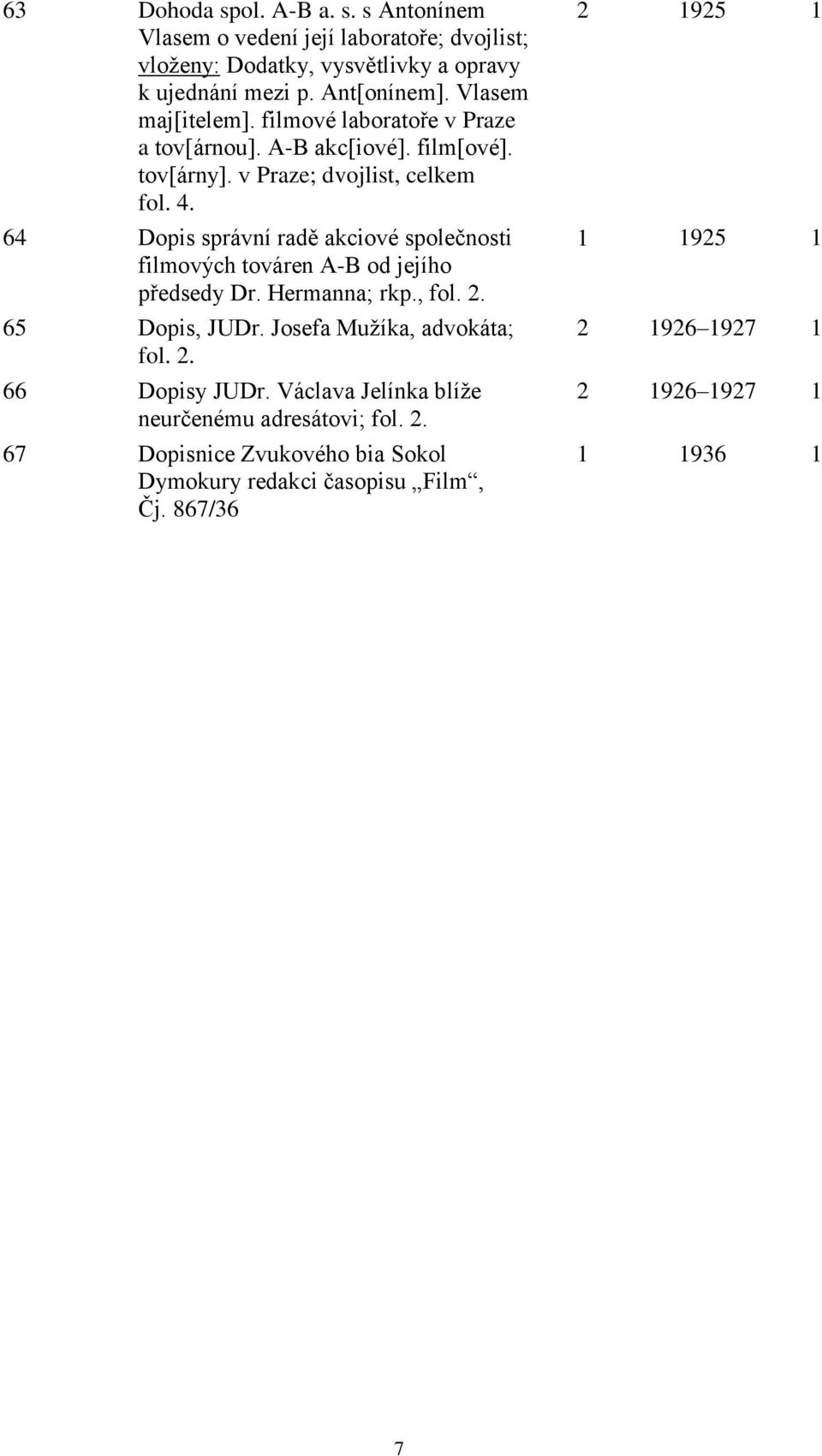 64 Dopis správní radě akciové společnosti filmových továren A-B od jejího předsedy Dr. Hermanna; rkp., fol. 2. 65 Dopis, JUDr. Josefa Mužíka, advokáta; fol. 2. 66 Dopisy JUDr.