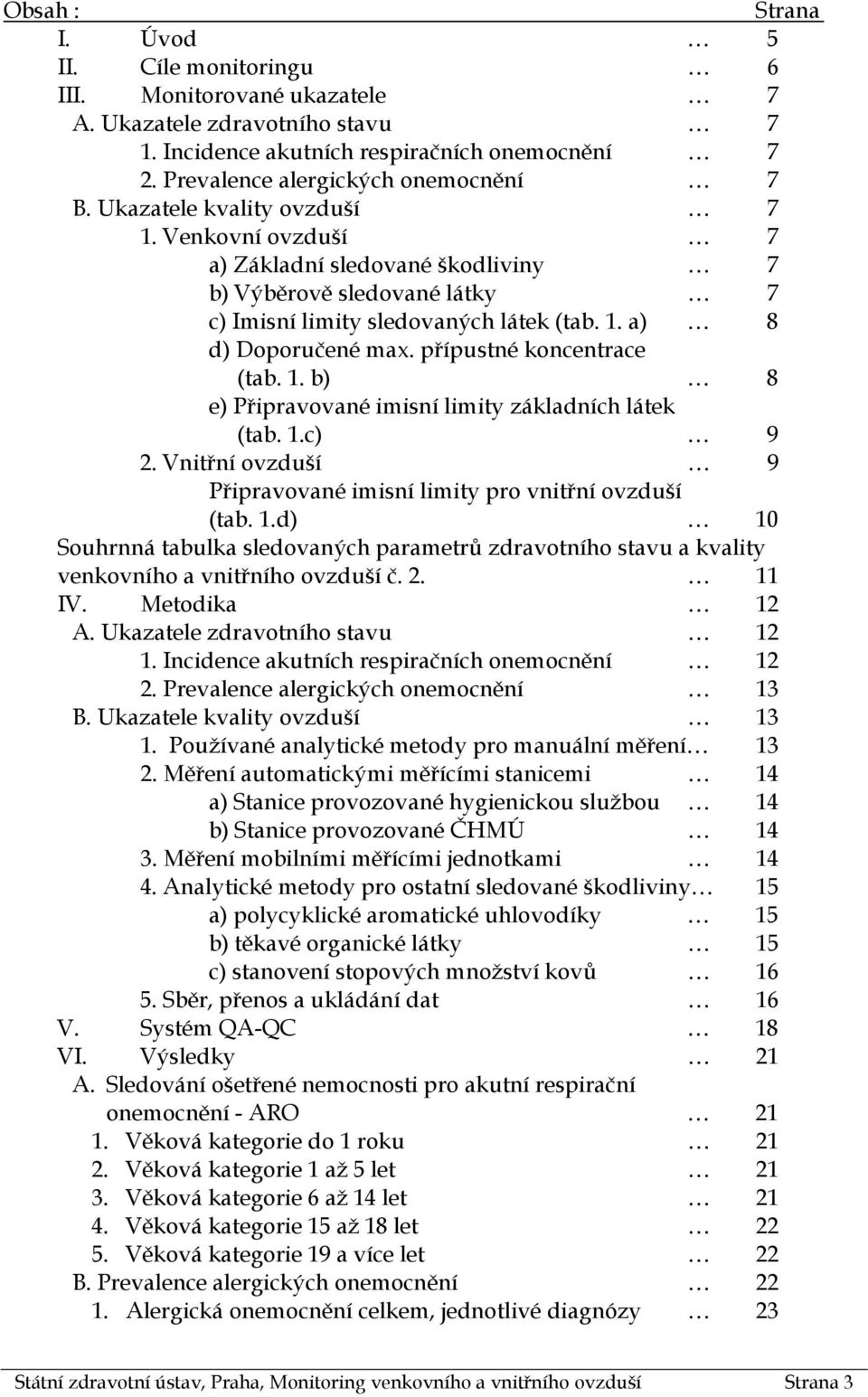 přípustné koncentrace (tab. 1. b) 8 e) Připravované imisní limity základních látek (tab. 1.c) 9 2. Vnitřní ovzduší 9 Připravované imisní limity pro vnitřní ovzduší (tab. 1.d) 10 Souhrnná tabulka sledovaných parametrů zdravotního stavu a kvality venkovního a vnitřního ovzduší č.