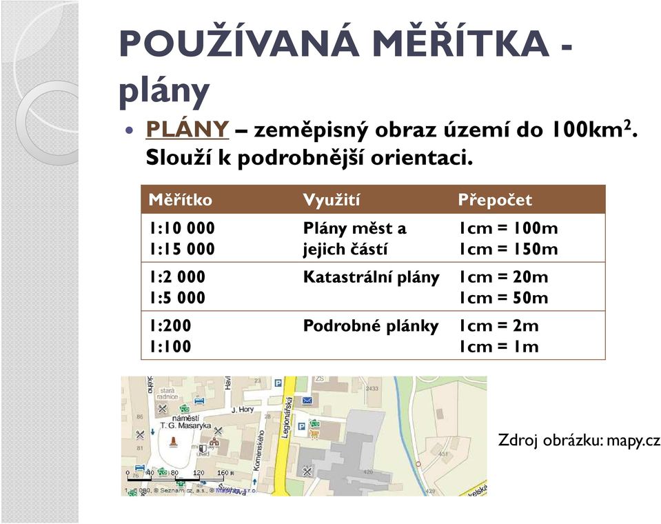 Měřítko Využití Přepočet 1:10 000 1:15 000 1:2 000 1:5 000 1:200 1:100 Plány