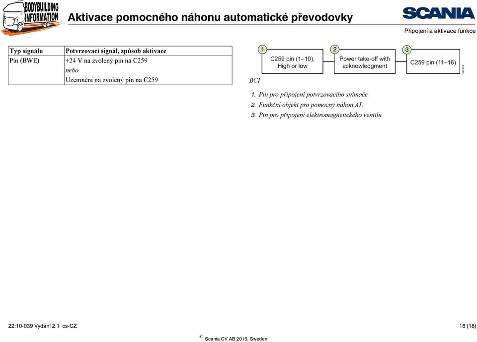 350 674 Uzemnění na zvolený pin na C259 BCI 1. Pin pro připojení potvrzovacího snímače 2.