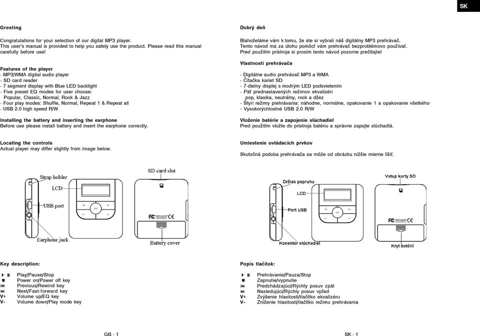 play modes: Shuffle, Normal, Repeat 1 & Repeat all - USB 2.0 high speed R/W Installing the battery and inserting the earphone Before use please install battery and insert the earphone correctly.