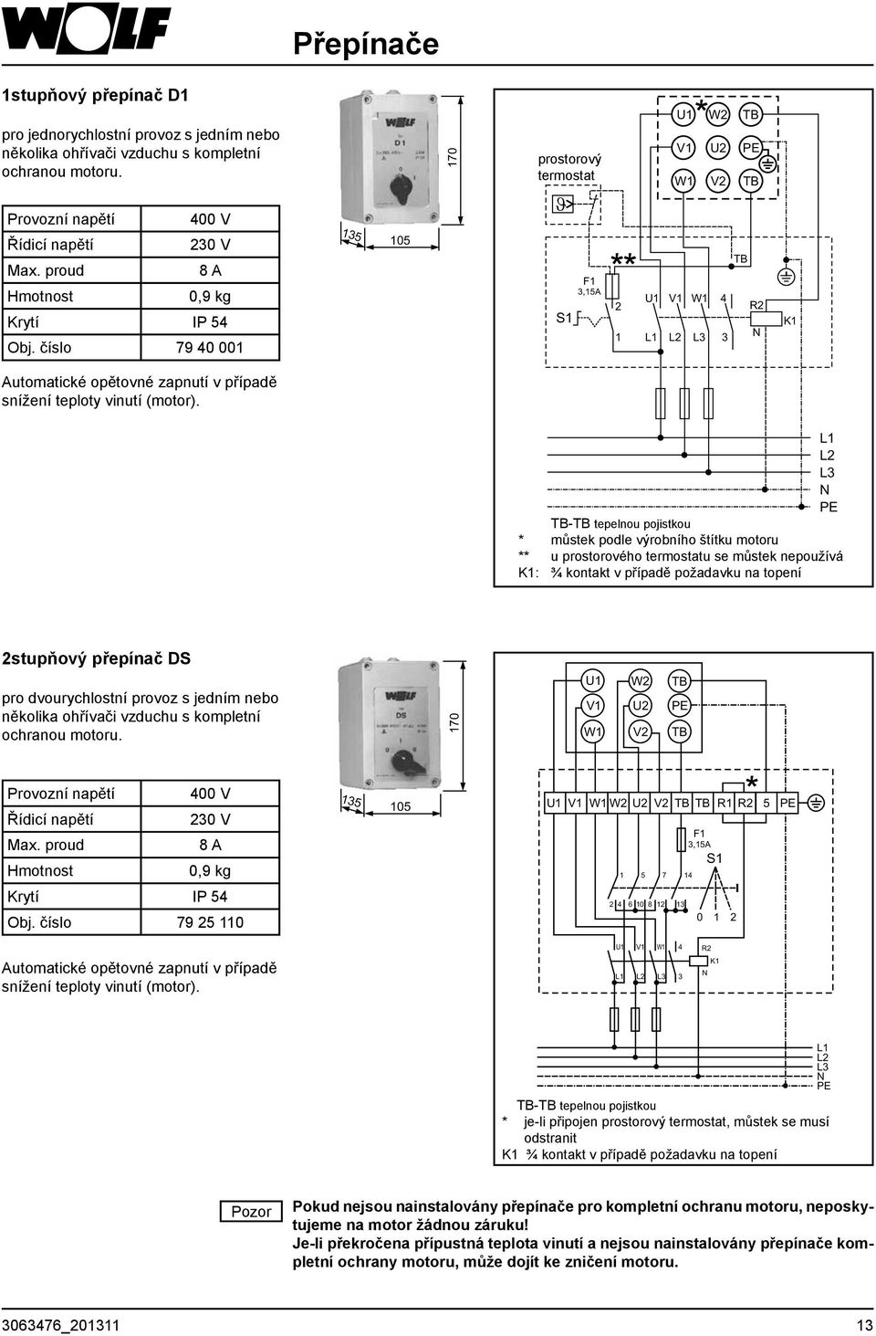 číslo 79 40 001 135 105 170 prostorový termostat J S1 F1 3,15A 2 1 U1 W2 TB V1 U2 PE W1 V2 TB TB U1 V1 W1 4 R2 L1 L2 L3 3 N K1 Automatické opětovné zapnutí v případě snížení teploty vinutí (motor).