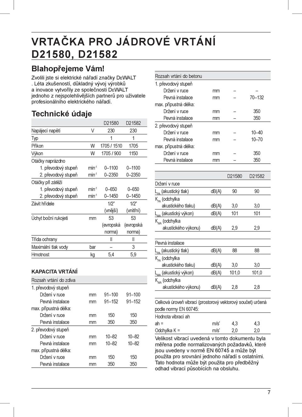 Technické údaje D21580 D21582 Napájecí napětí V 230 230 Typ 1 1 Příkon W 1705 / 1510 1705 Výkon W 1705 / 900 1150 Otáčky naprázdno 1. převodový stupeň min -1 0 1100 0 1100 2.