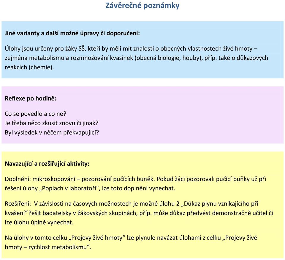 Navazující a rozšiřující aktivity: Doplnění: mikroskopování pozorování pučících buněk. Pokud žáci pozorovali pučící buňky už při řešení úlohy Poplach v laboratoři, lze toto doplnění vynechat.