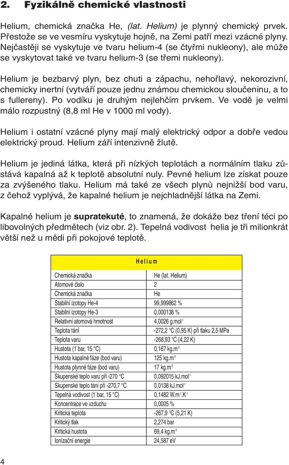 Helium je bezbarv plyn, bez chuti a zápachu, nehofilav, nekorozivní, chemicky inertní (vytváfií pouze jednu známou chemickou slouãeninu, a to s fullereny). Po vodíku je druh m nejlehãím prvkem.