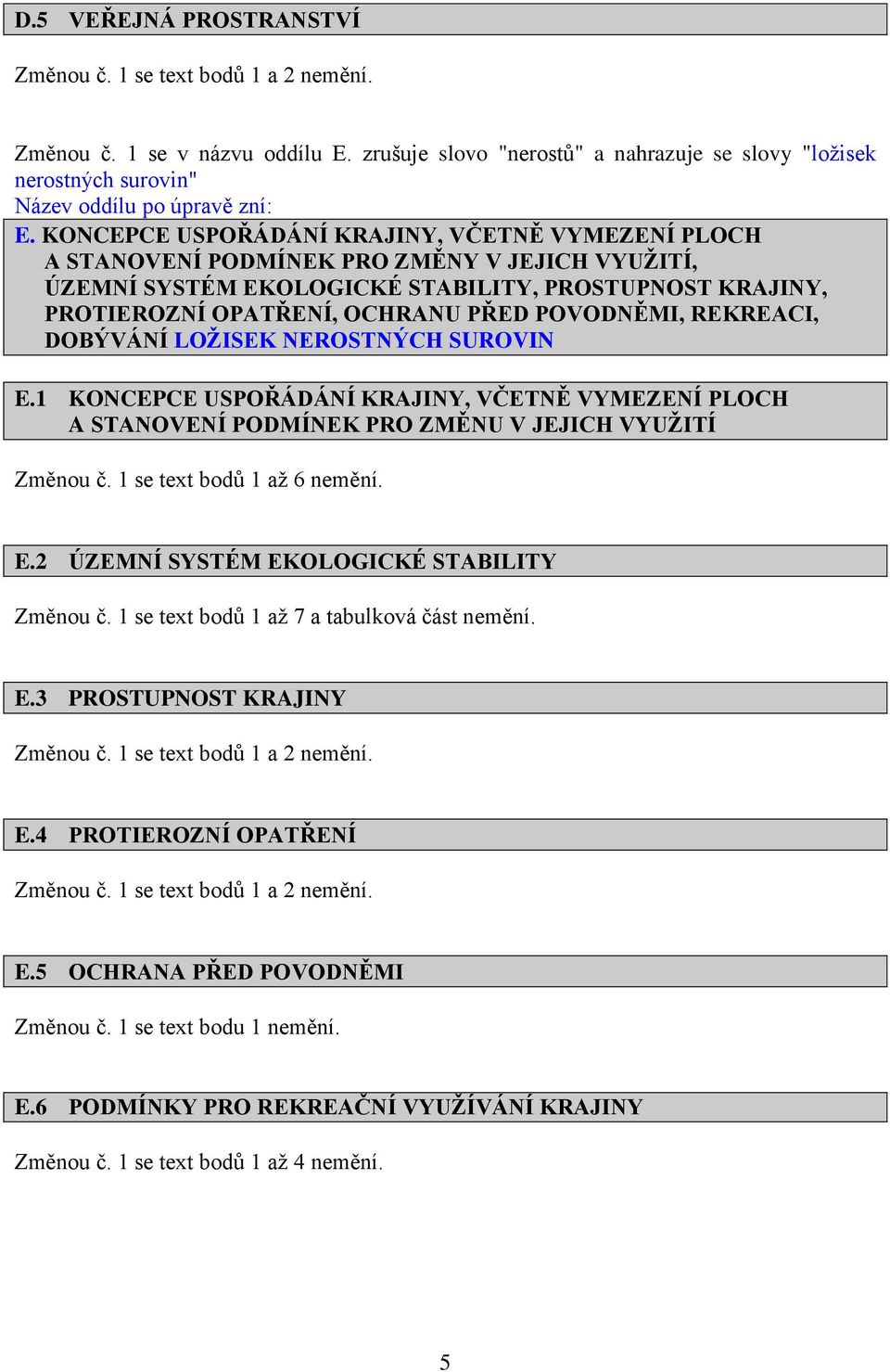 POVODNĚMI, REKREACI, DOBÝVÁNÍ LOŽISEK NEROSTNÝCH SUROVIN E.1 KONCEPCE USPOŘÁDÁNÍ KRAJINY, VČETNĚ VYMEZENÍ PLOCH A STANOVENÍ PODMÍNEK PRO ZMĚNU V JEJICH VYUŽITÍ Změnou č. 1 se text bodů 1 až 6 nemění.