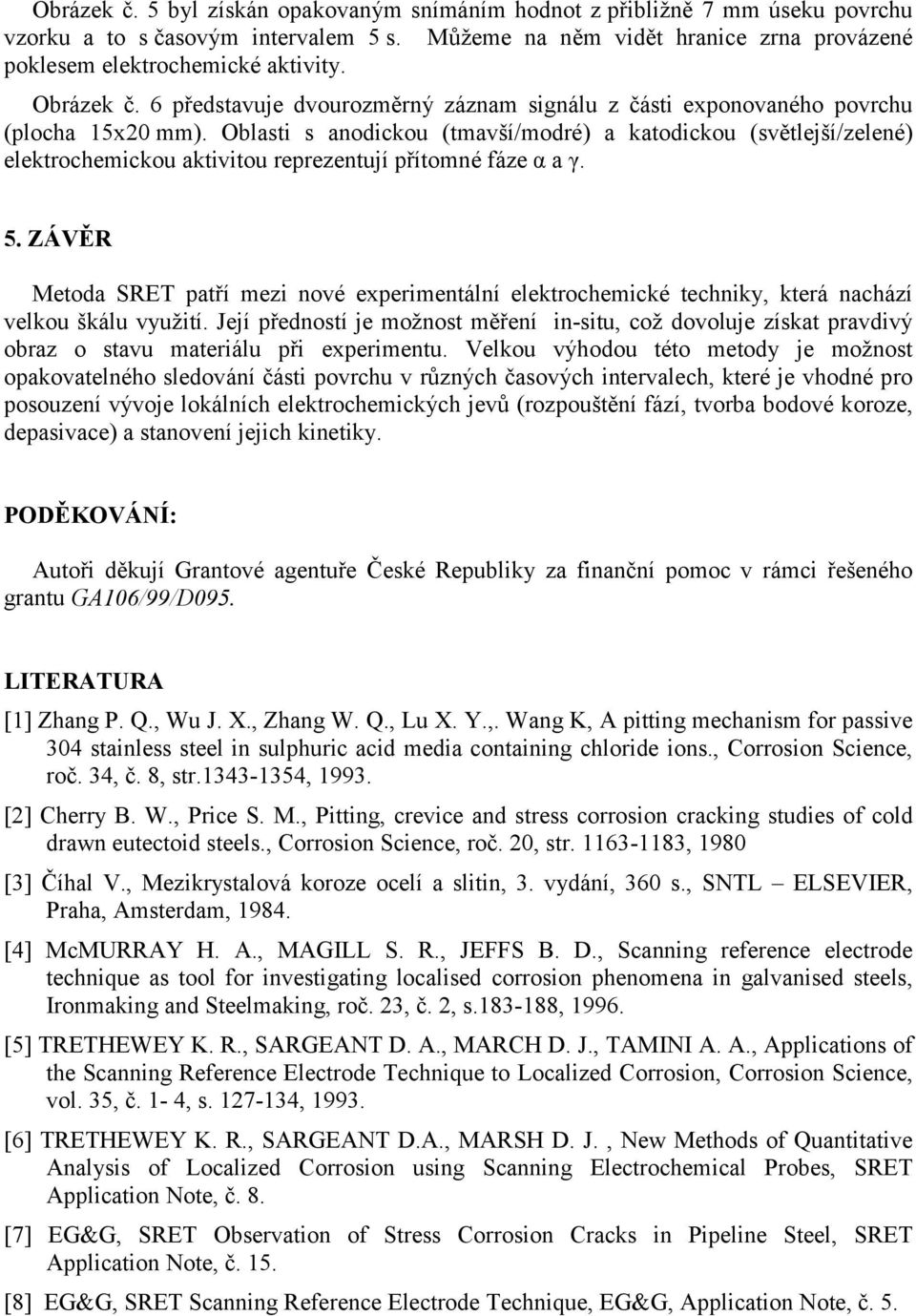 Oblasti s anodickou (tmavší/modré) a katodickou (světlejší/zelené) elektrochemickou aktivitou reprezentují přítomné fáze α a γ. 5.