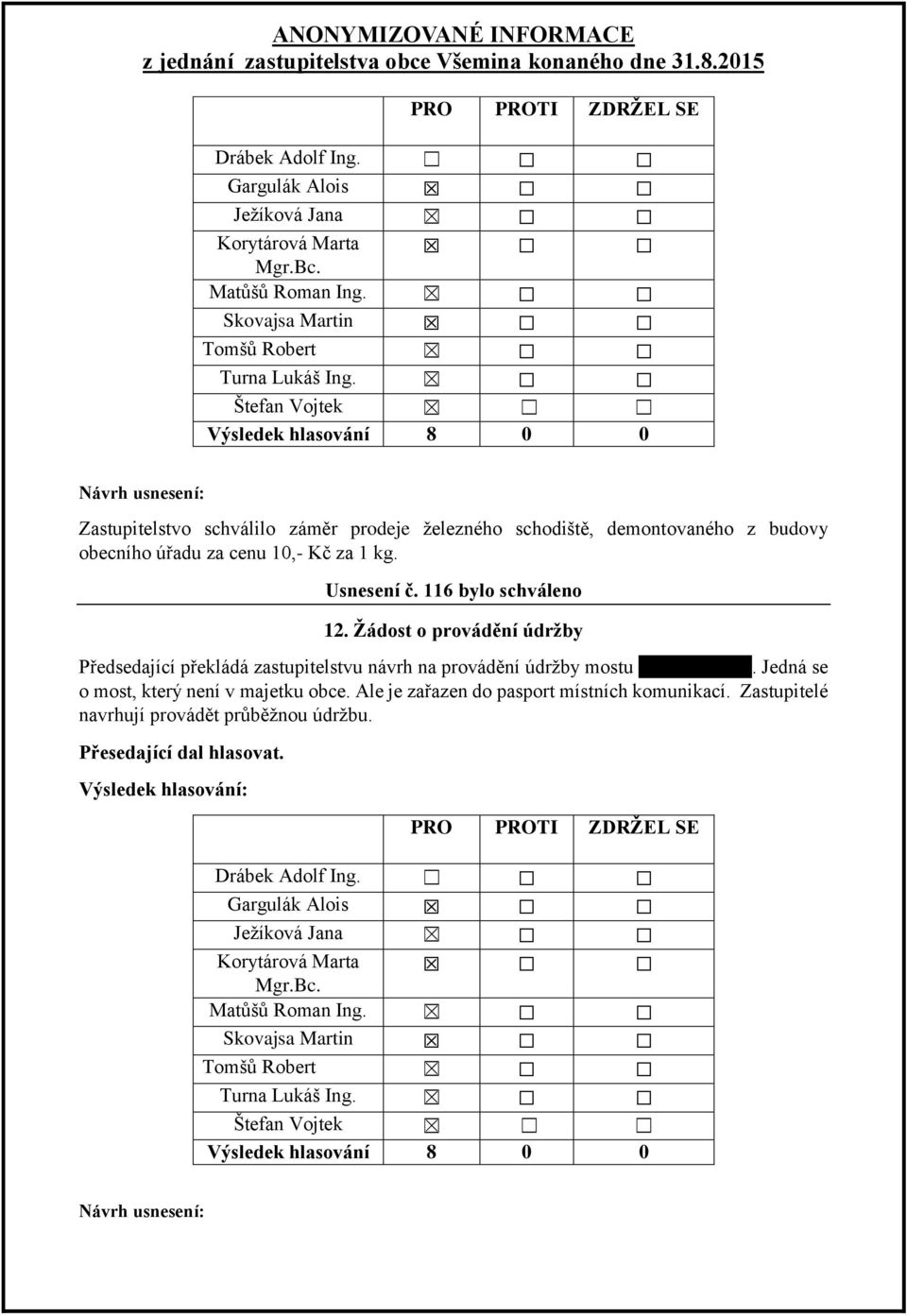 Žádost o provádění údržby Předsedající překládá zastupitelstvu návrh na provádění údržby mostu u č.