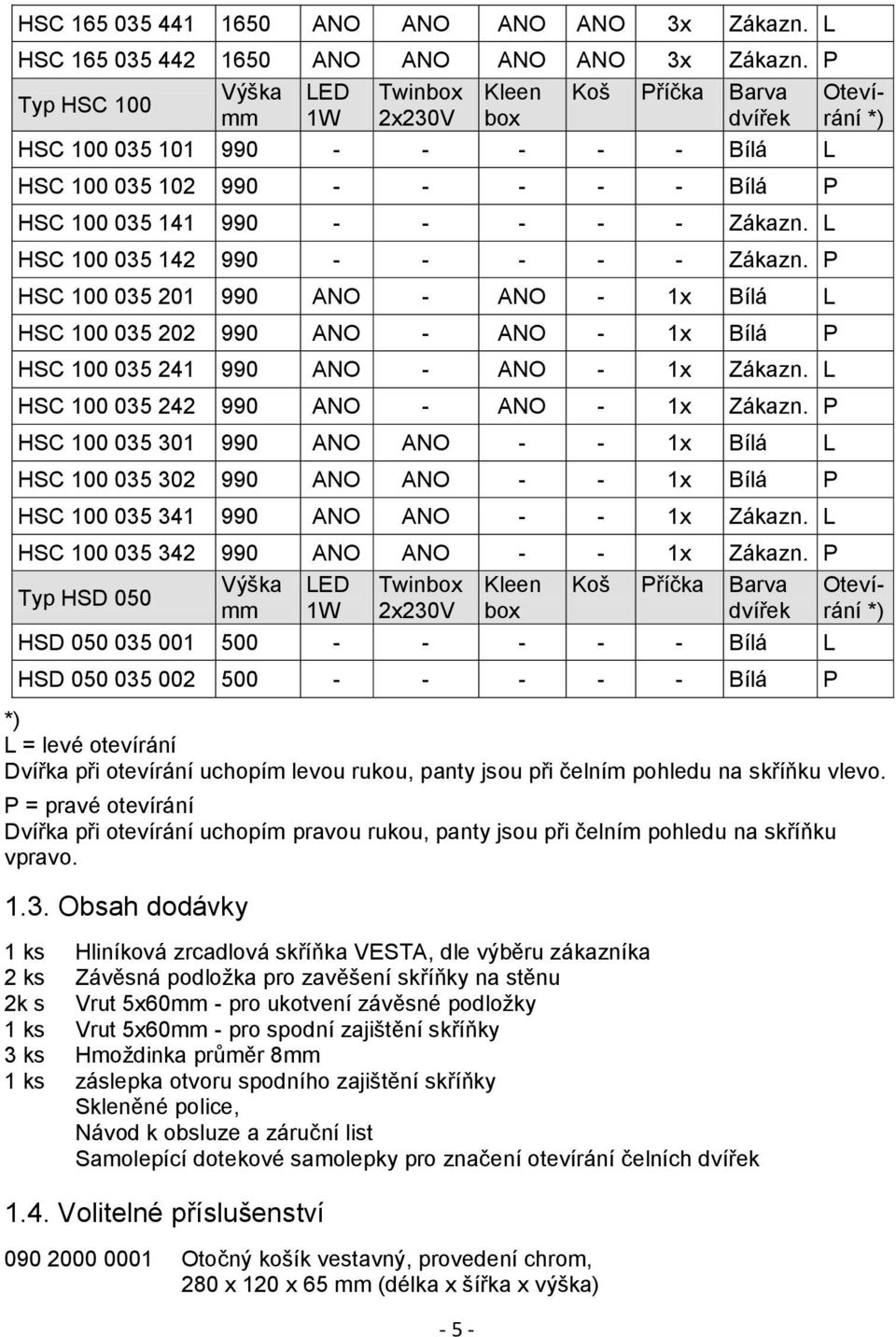 L HSC 100 035 142 990 - - - - - Zákazn. P HSC 100 035 201 990 ANO - ANO - 1x Bílá L HSC 100 035 202 990 ANO - ANO - 1x Bílá P HSC 100 035 241 990 ANO - ANO - 1x Zákazn.