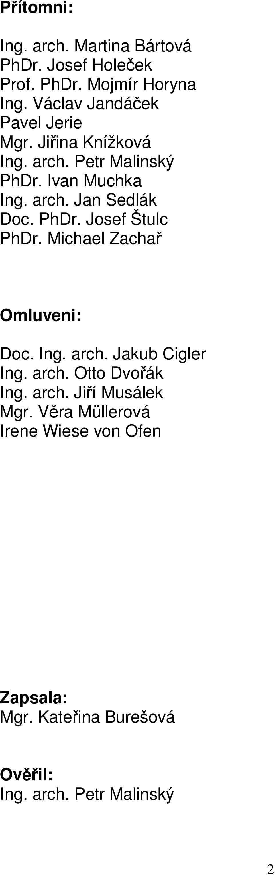 PhDr. Josef Štulc PhDr. Michael Zachař Omluveni: Doc. Ing. arch. Jakub Cigler Ing. arch. Otto Dvořák Ing.