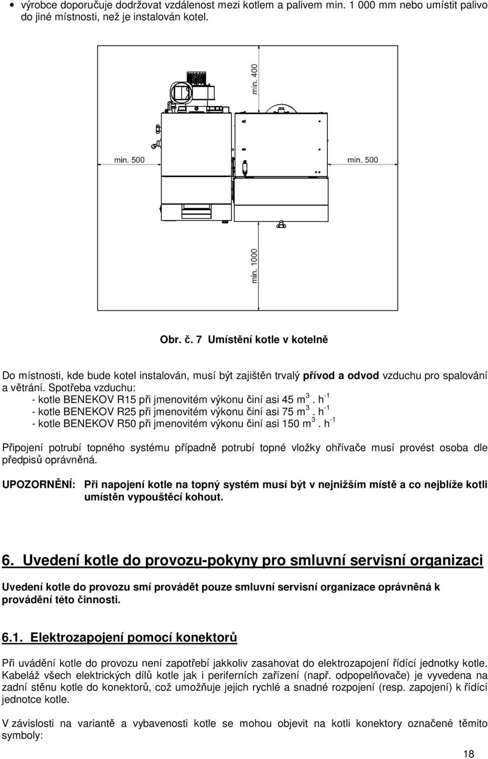 Spotřeba vzduchu: - kotle BENEKOV R15 při jmenovitém výkonu činí asi 45 m 3. h -1 - kotle BENEKOV R25 při jmenovitém výkonu činí asi 75 m 3.